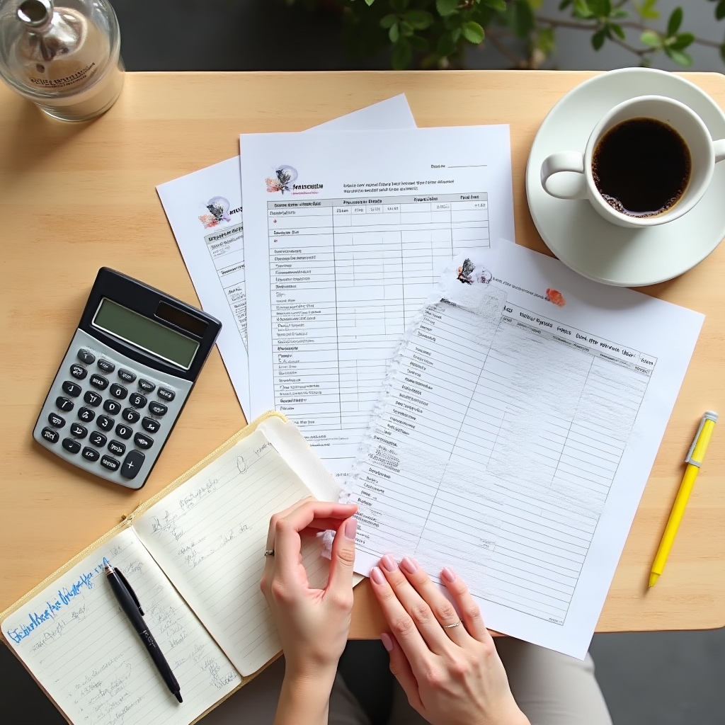 Person organizing household budget documents on a desk outdoors