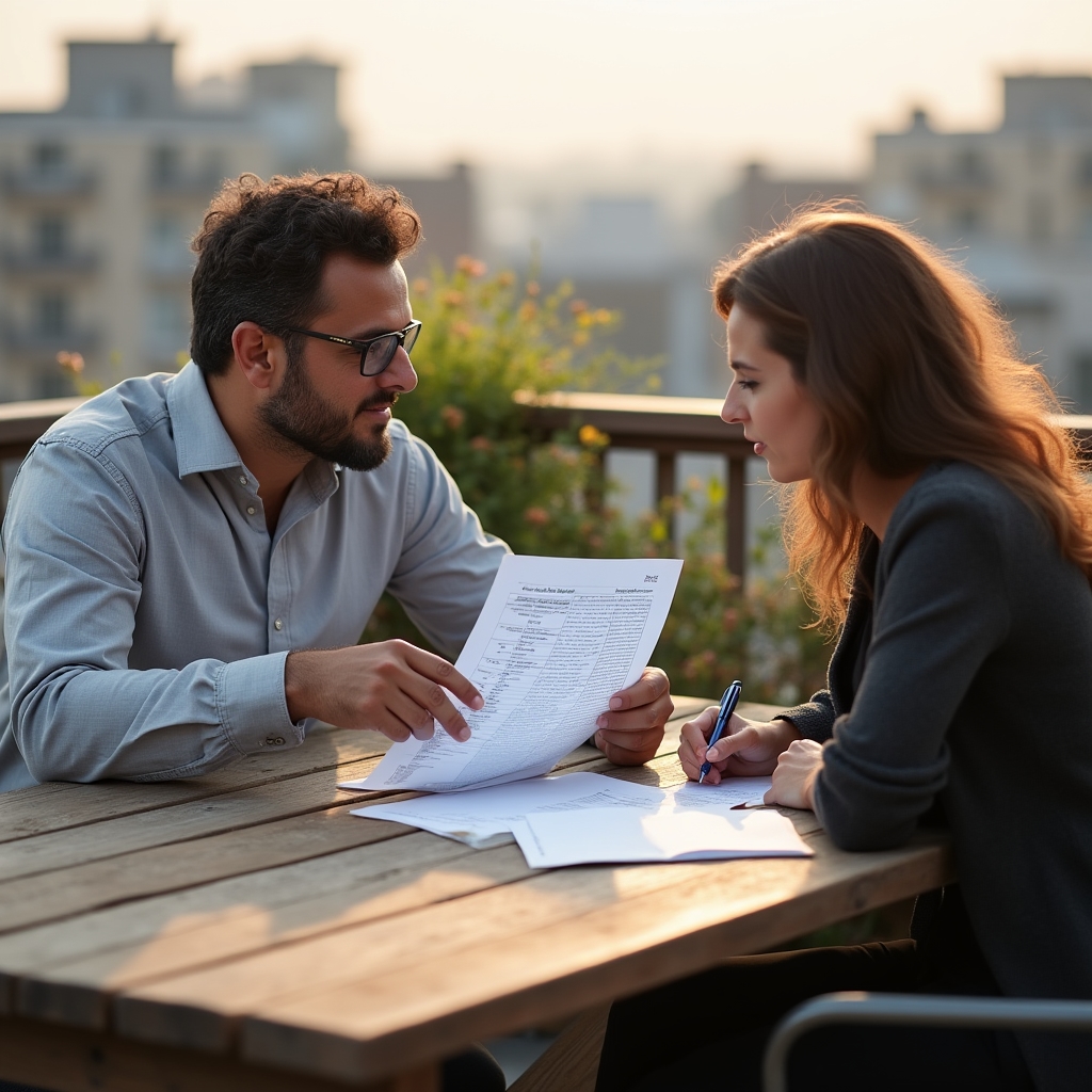 Financial consultant reviewing personalized household plan with client on outdoor terrace