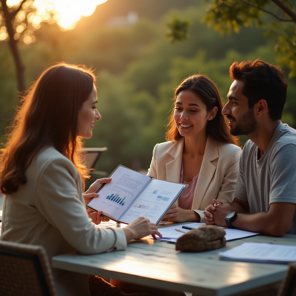 Consultant presenting financial diagnostic report to household during outdoor consultation session