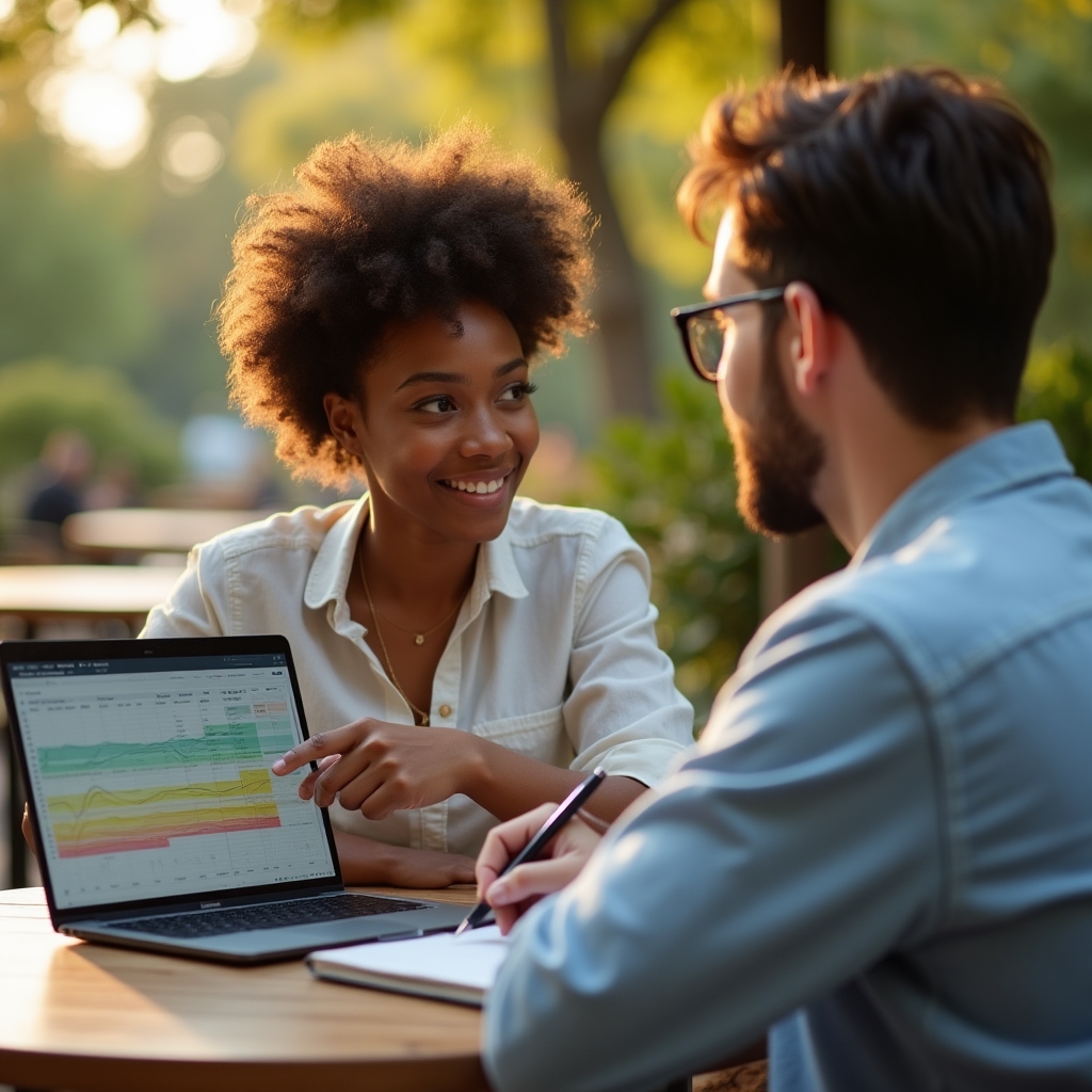 Young couple reviewing expense tracking spreadsheet on laptop at outdoor workspace