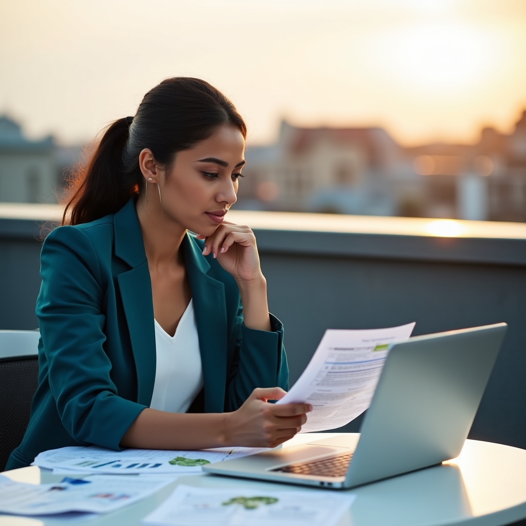 Young professional reviewing financial education materials on a rooftop workspace