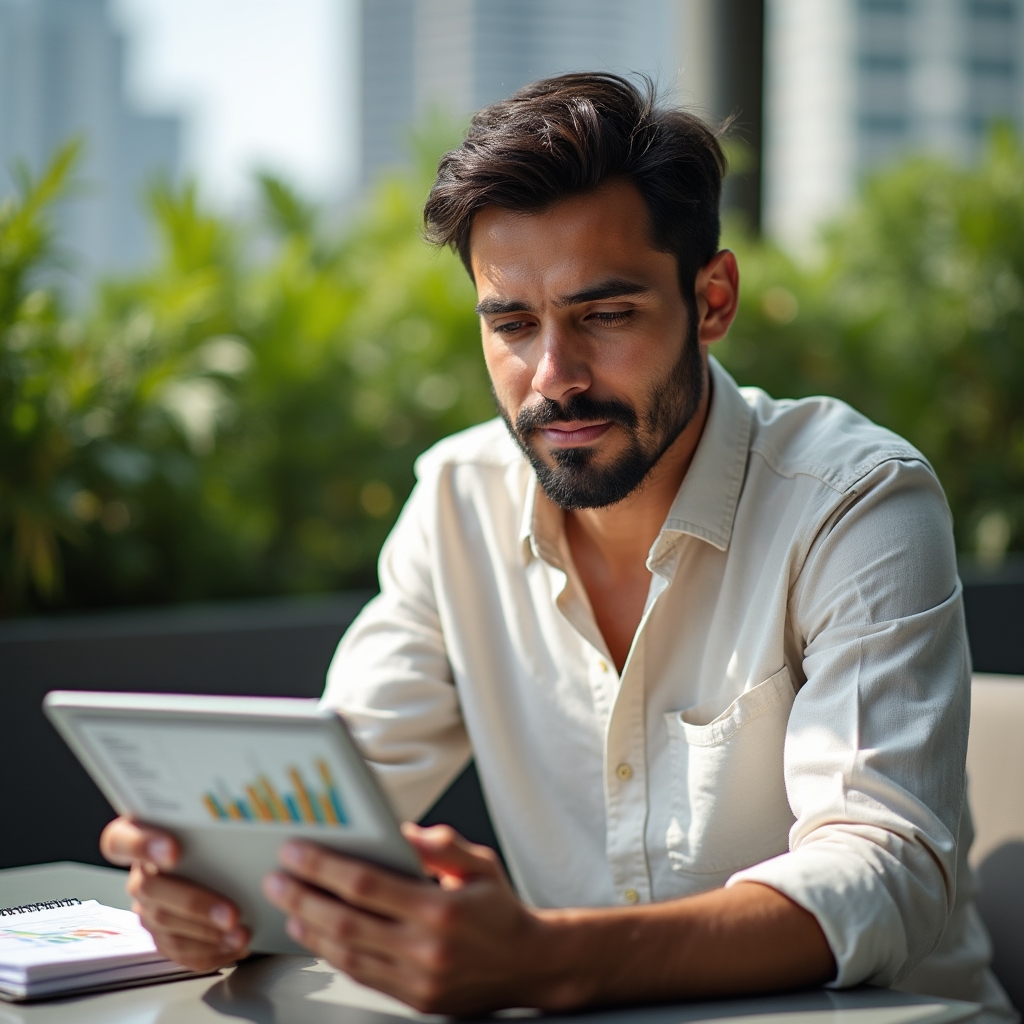 Consultant analyzing household budget data on a tablet outdoors