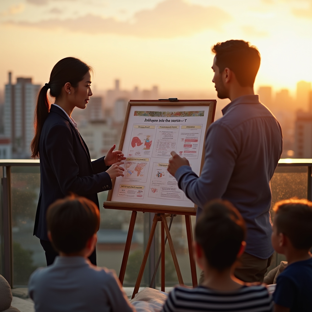 Financial consultant explaining income diversification concepts to a family on a rooftop terrace