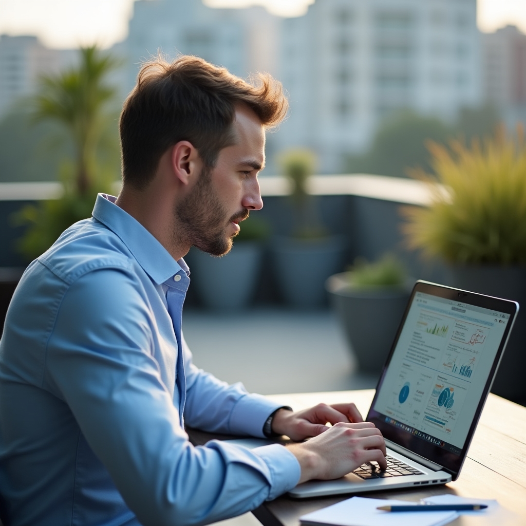 Adult learner engaging with online financial training content on laptop at outdoor workspace